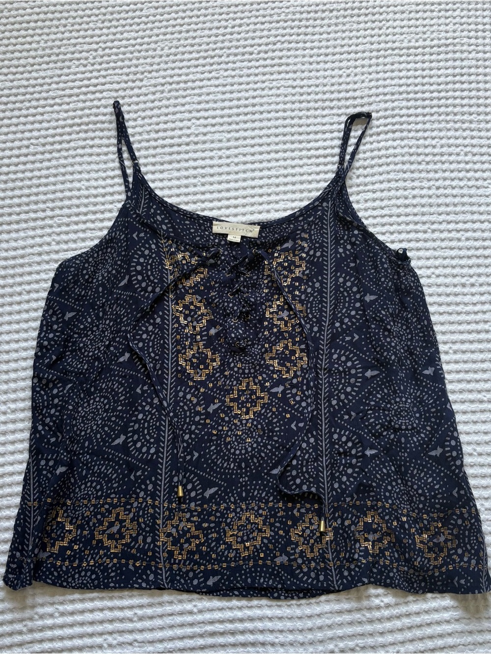 Lovestitch Navy Print Gold Sequin Lace Up Tank Top Boho Embellished M